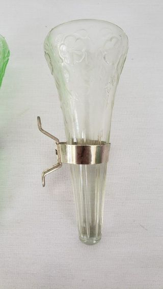 Antique car glass flower green and clear pair Bud Vase with brackets 3
