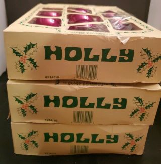 Vintage Boxed 27 Holly Glass Ball Christmas Ornaments Red 2 1/4 "