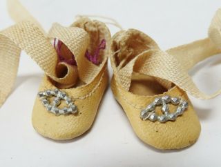 Antique Doll Shoes Small Yellow With Buckle And Ties