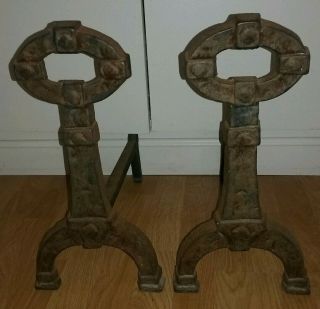 Pair Antique Large Cast Iron Fire Dogs Andirons Hearth Fire Place