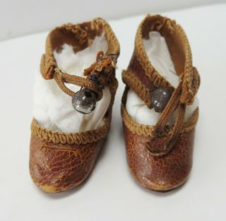 Antique Doll Shoes Small Brown Leather With Button