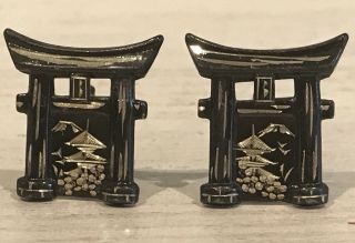 Vintage Sterling Silver Damascene Japaense Temple Sandal Pagoda Cufflinks