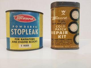 Vintage Advertising Western Auto Wizard Tire Repair & Stopleak Collectable Cans