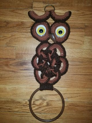 Vtg Groovy 70s Handmade Crochet Owl Towel Ring /dishcloth Holder Retro Decor