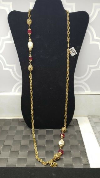 Vtg Art Deco Revival Signed 1928 Necklace Gold Filigree Red Stone & Faux Pearl