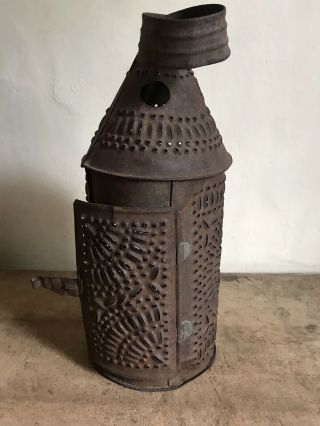 Early Antique Punched Tin Hanging Candle Lantern Lighting Aafa Patina Cleated