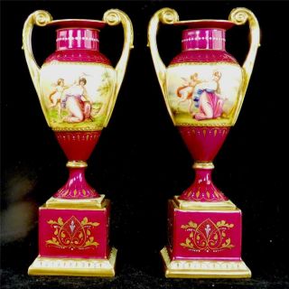 M021 Pair Antique Hand Painted Vienna / Dresden Porcelain Urn Vases A
