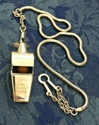 Vintage H.  W.  C.  Whistle Nickel Plated Brass.  Silver Tone.  19” Chain & Button Clip