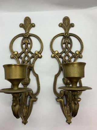 Vintage 14” Ornate Wall Sconces Candle Holders Gold Brass Metal Antique Vtg