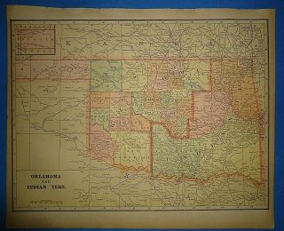 Vintage Circa 1895 Indian Territory Map Old Antique Atlas Map S&h