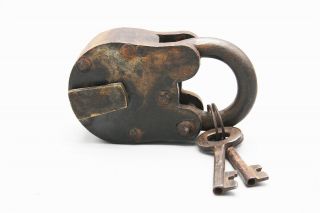 Vintage Antique Large Iron Padlock & 2 Keys 5 " Inches Tall