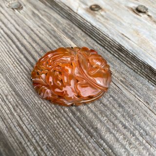 Antique Chinese Carved Carnelian Brooch Mark Signed Sterling Silver Open Work