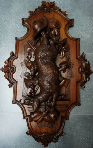 Rare Antique Black Forest (38) Walnut Carved Hunt Plaque