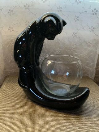 Vintage Mcm Royal Haeger Pottery Style Ceramic Black Cat Fish Bowl.