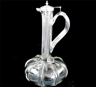 N922 Antique Victorian Glass Claret Jug Decanter With Silver Mount & Cover