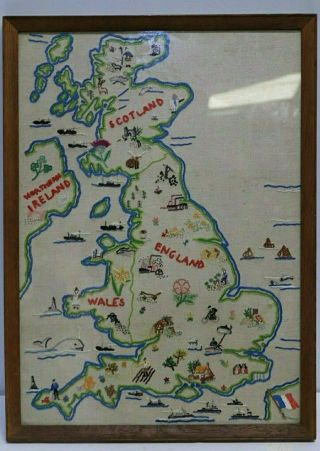 Collectable Large Vintage Hand Crafted Embroidered Map Of Britain,  C.  1940s - 250