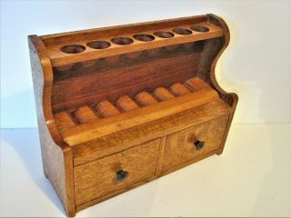 Antique Arts & Crafts Pipe Smokers Rack Golden Oak Two Drawer Seven Pipe
