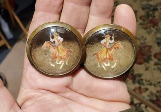 57 - 54 Pair Vintage Glass Dome Rosettes Cowboy With Pistol On Running Horse