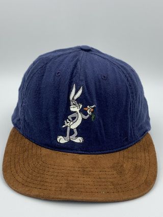 Vintage 1991 Warner Bros Bugs Bunny Hat Cap Snapback Blue With Brown Suede Brim