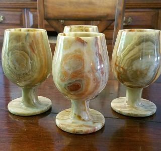 Vintage Natural Onyx Stone Marble Green/brown Wine Glasses Set Of 4