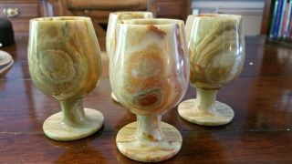 Vintage Natural Onyx Stone Marble Green/Brown Wine Glasses Set of 4 2