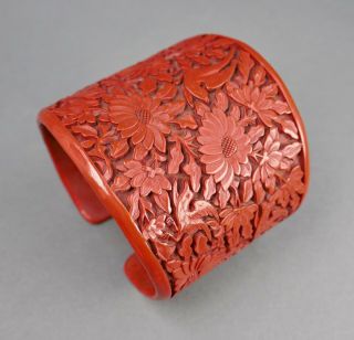 Fine Antique Chinese Carved Red Cinnabar Lacquer Tall Cuff Bracelet