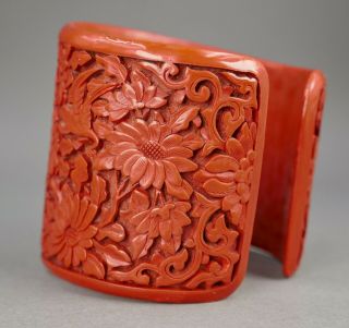 Fine Antique Chinese Carved Red Cinnabar Lacquer Tall Cuff Bracelet 3
