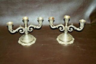 Pair Ornate 7 " Vintage Art Nouveau Silverplate 3 - Branch Candelabra Candlesticks