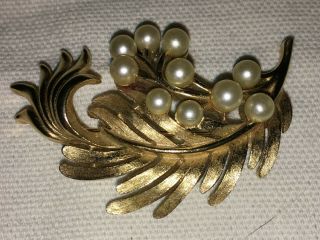 Vintage Signed Trifari Gold Tone Leaf Spray With Faux Pearls Jewelry Pin Brooch