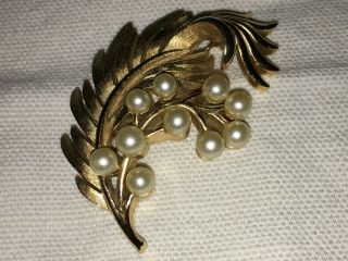 Vintage signed TRIFARI Gold Tone Leaf Spray with Faux Pearls Jewelry Pin Brooch 2