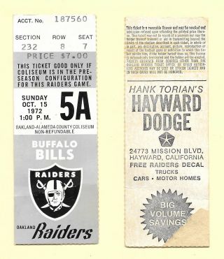 1972 Oakland Raiders Vs Buffalo Bills Ticket Stub At The Oakland Coliseum