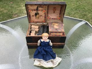 Antique German Minerva Tin Head Doll 12 " & Wood Humpback Doll Trunk