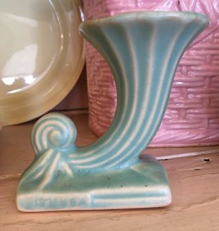 Vintage Nelson Mccoy Pottery Miniature Aqua Turquoise Cornucopia Vase