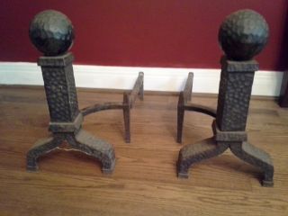 Heavy Hammered Cannon Ball Top Cast Iron Fireplace Andirons