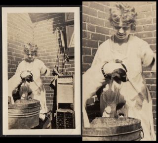 Anxious Washtub Dog & Pearl Necklace Housewife Woman 1920s Vintage Photo
