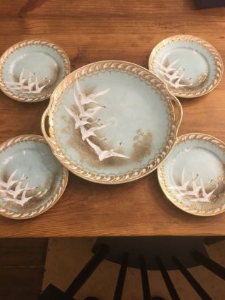Antique Nippon Flying Swans Aqua Handled 10.  5” Charger And 4 Desert Plates 6”