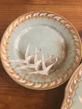 Antique NIPPON Flying Swans Aqua Handled 10.  5” Charger And 4 Desert Plates 6” 3
