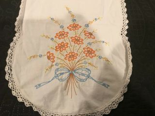 Vintage Embroidered Table Runner Orange Flowers Bouquet 36 1/2 " X 12 1/2 "