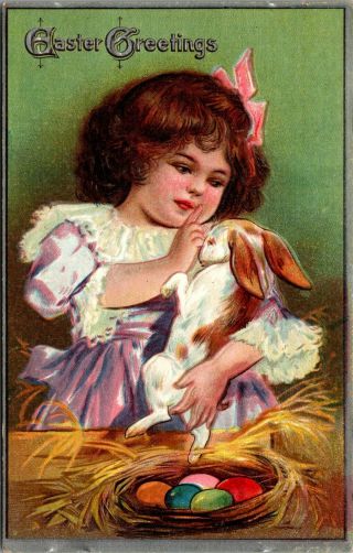 Vintage Easter Greetings Embossed Postcard Rabbit Bunny Eggs Girl Child
