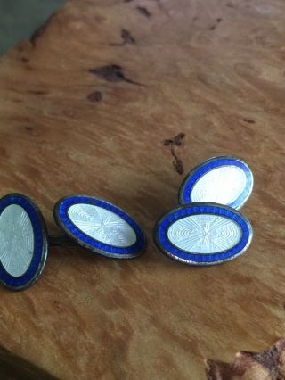 Antique Art Deco Sterling White Blue Guilloche Enamel Double Sided Cuff Links