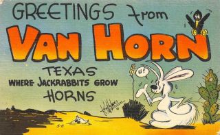 Van Horn,  Tx Large Letter Linen Jackrabbits Ken Holmes Comic Vintage Postcard