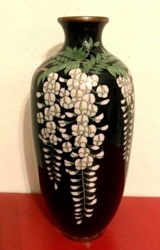 Black Japanese Cloisonne Enamel 6 " Vase W Wisteria 19th C.  ? Meiji? Silver Wire