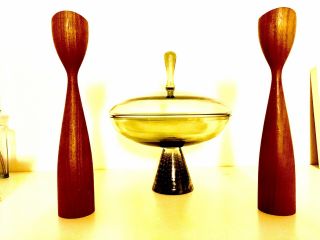 Danish Mid Century Modern Teak Tulip Candle Holder Retro Pair Wooden Set Vintage