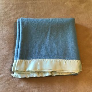 Vintage Sears Blanket Blue With Light Blue Satin Nylon Binding 80 " X 85 "
