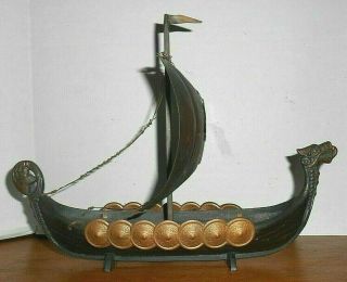 Vintage Bronze Viking Ship Iron Art Copenhagen Denmark Kobenhavn Shield On Sail