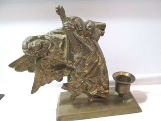 Heavy Brass Or Plated Angel Playing Harp Guitar Vintage Candle Holder