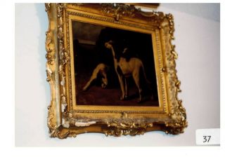 Antique Oil Painting On Canvas Hunting Dogs Pointers Frame 19th Century