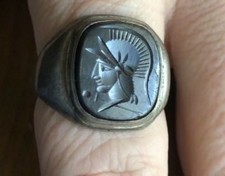 Men Vintage Sterling Silver Hematite Intaglio Ring Size 11 Roman Soldier Warrior