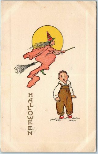 Vintage Gibson Halloween Postcard Scared Boy / Flying Witch On Broom 1914 Cancel