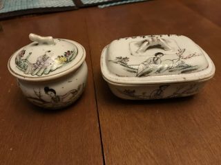 2 Antique Chinese Export Antique Famille Rose Porcelain Boxes Marked 19th C